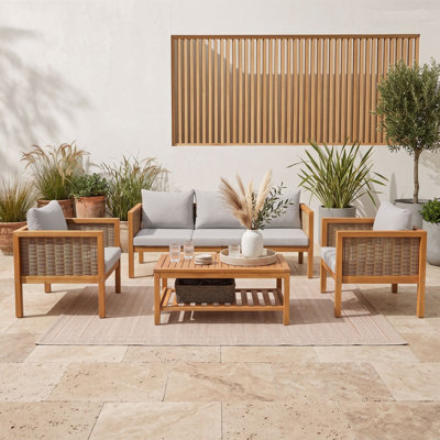 4-Piece Acacia Wood Outdoor Conversation Set with Patio Slatted Coffee Table, 2 Cushioned Chairs and Sofa