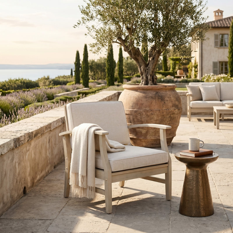 Chaise de patio avec coussins Apolinario, Coussin sable / cadre blanc clair 
