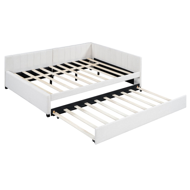 Lit de jour rembourré pleine grandeur avec lit gigogne simple, lin beige, sans sommier, cadre robuste et stable pour le revêtement en lin Sleepover, conception de lit solide et sécuritaire, peu encombrant