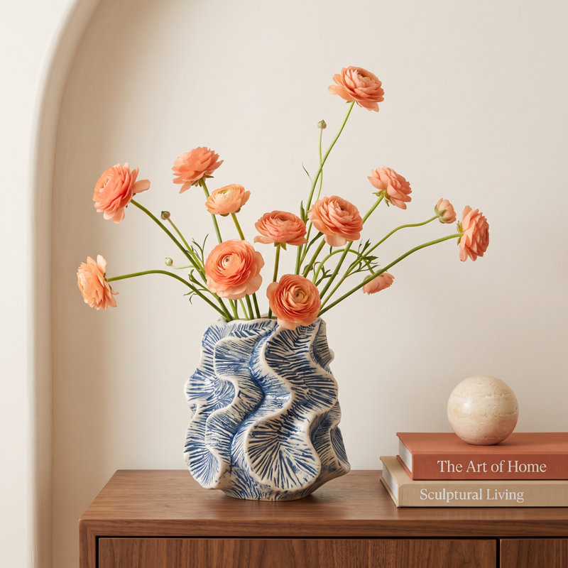 Organic Shaped Stoneware Vase with Wavy Pattern Exterior, Ivory/Blue