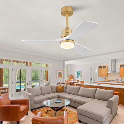 Ventilateurs de plafond de 42 pouces avec lumières et télécommande, ventilateur de plafond en bois pour patio, ventilateur de plafond doré avec lumières, moteur à courant continu silencieux, DEL à intensité variable, 3 pales en bois massif