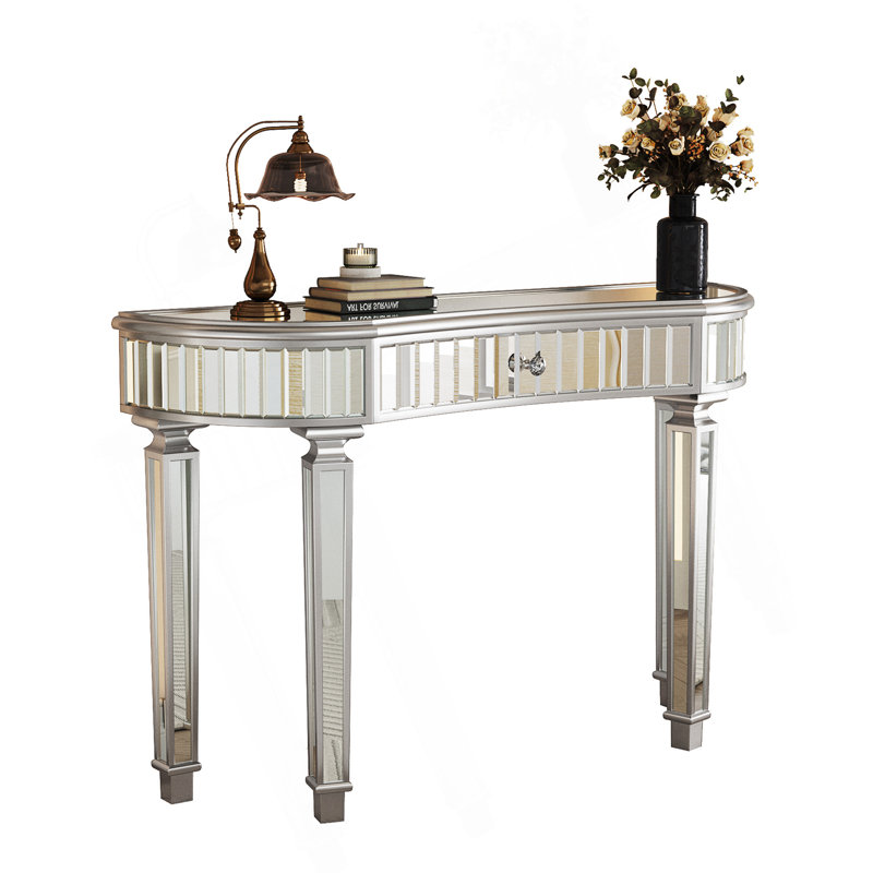 Console à miroir demi-lune 47 po avec tiroir en verre cannelé et poignée en cristal, Gris