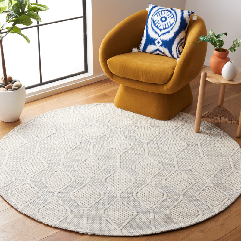 Tapis blanc en laine / polyester tissé à la main Manya, Rond 6 pi