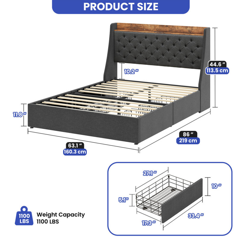 Michihisa Upholstered Wingback Storage Bed, Queen