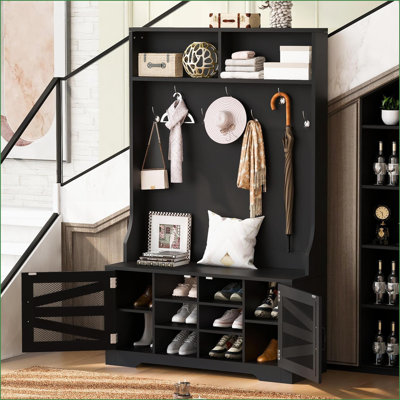 Coat Racks 3-in-1 Entryway Bench with 7 Hooks, 43.3'' Hall Tree with Adjustable Shelves | Black | MDF