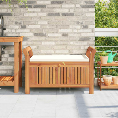 Banc de rangement de jardin vidaXL, bois d'acacia massif, coussin blanc inclus, design extérieur classique, sièges de patio et de jardin, 35,8 po x 19,7 po x 23,6 po, organisateur de patio et de terrasse, mobilier en bois durable