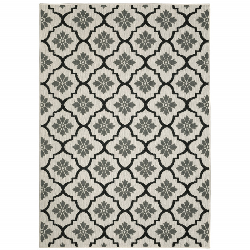 Tapis intérieur / extérieur géométrique / floral beige / noir Inessa, Rectangle 7 pi 10 po x 10 pi