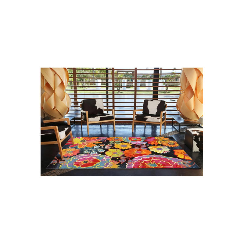 Black Themed Mixed Color Floral Woven Base Washable Carpet, Runner 2'6" x 9'11"