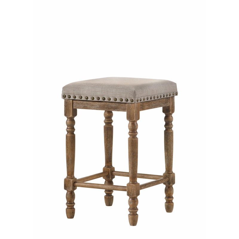 Stylish and Comfortable Counter Height Stool with Beige Fabric Upholstery and Weathered Oak Finish