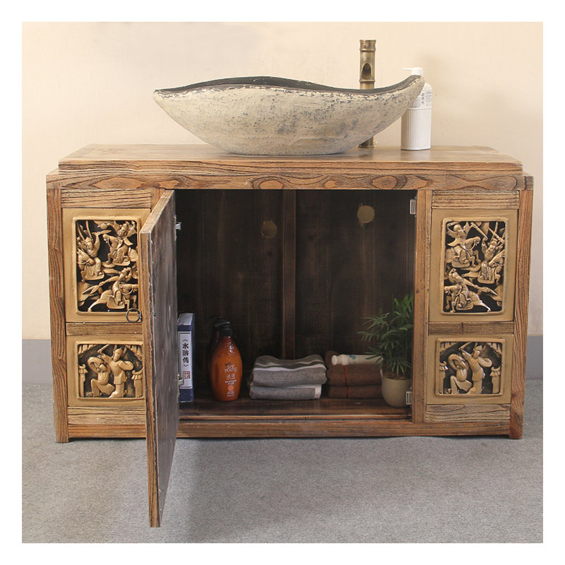 Meuble-lavabo néoclassique en bois massif avec sculptures en résine
