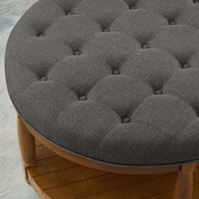 Repose-pieds rond capitonné, petite table basse rembourrée, repose-pieds intérieur avec tablette de rangement, Gris, Brun