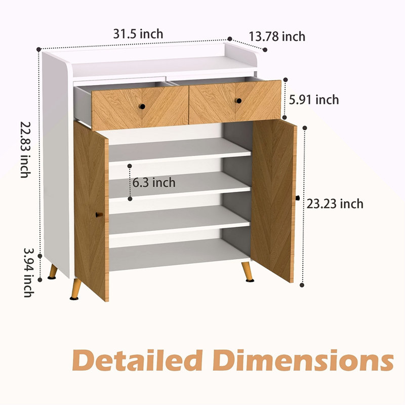 Range-chaussures, range-chaussures à 4 niveaux avec 2 tiroirs, range-chaussures autoportant en bois à chevrons avec 2 portes et tablettes réglables pour le vestibule
