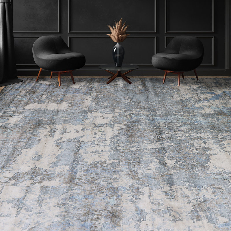 Hand-Knotted High-Quality Gray and Blue Area Rug, Rectangle 2' x 3'