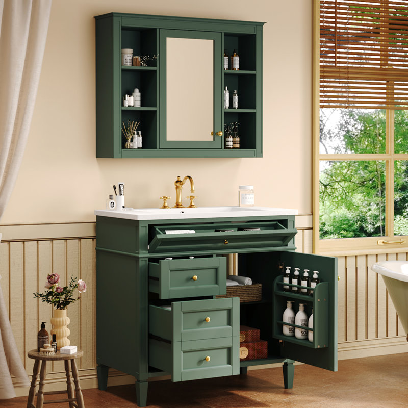 Meuble-lavabo simple 36 po avec lavabo encastré et tiroir en métal, Green