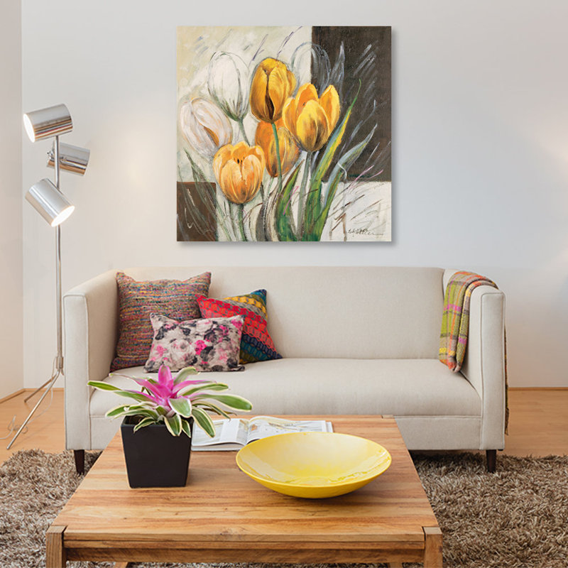 « yellow tulipes », impression sur toile, H 37 po x l 37 po x P 1,5 po, Toile tendue, Pas de tapis