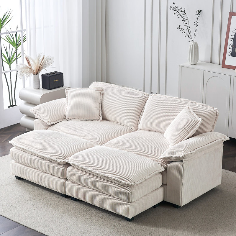 Grand canapé modulaire en velours côtelé avec repose-pieds, Blanc