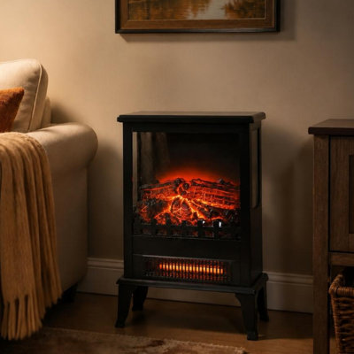 Poêle électrique autoportant, effet de flamme 3D, chauffage 1500 W / 5120 BTU, acier laminé à froid et verre trempé, finition noire