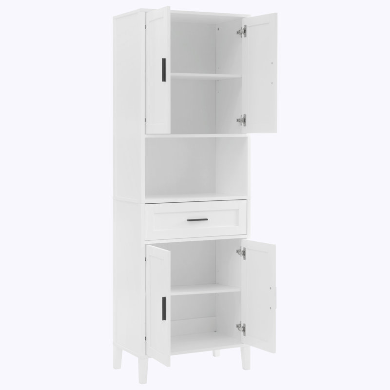 Freestanding Tall Bathroom Cabinet with a Drawer, 2 Cabinets, 4 Soft-Close Doors, 2 Adjustable Shelves, Open Storage, White