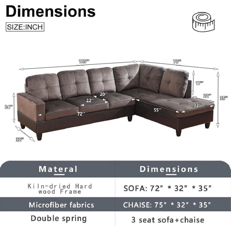 Lemley Upholstered L-Shaped Sectional, Right Hand Facing, Brown Microfiber/Microsuede/Faux Leather