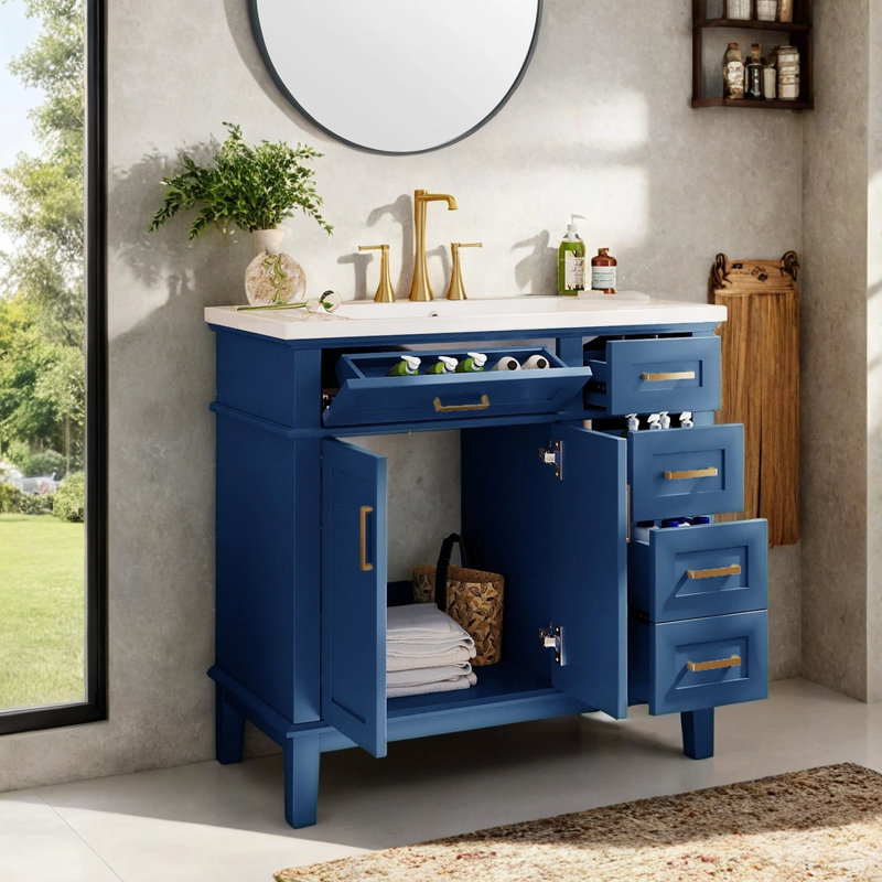 Meuble-lavabo simple 36 po avec plateau en céramique Azara, Bleu