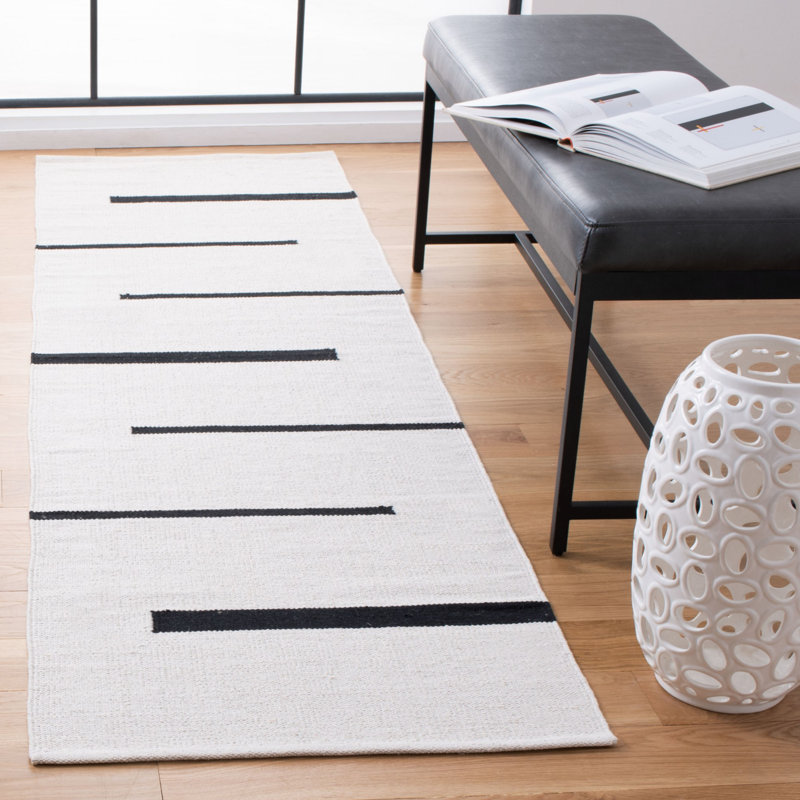 Tapis ivoire / noir en coton tissé à la main Mana, Tapis de couloir 2 pi 3 po x 10 pi