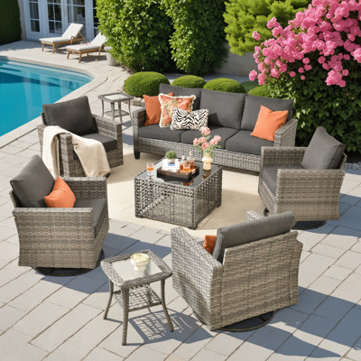 Wicker Patio Furniture 8-Piece Set, Rattan Guest Sofa Rocking + Rocking Swivel Chair Combination, Weather-Resistant And Durable Leisure Set by Latitude Run
