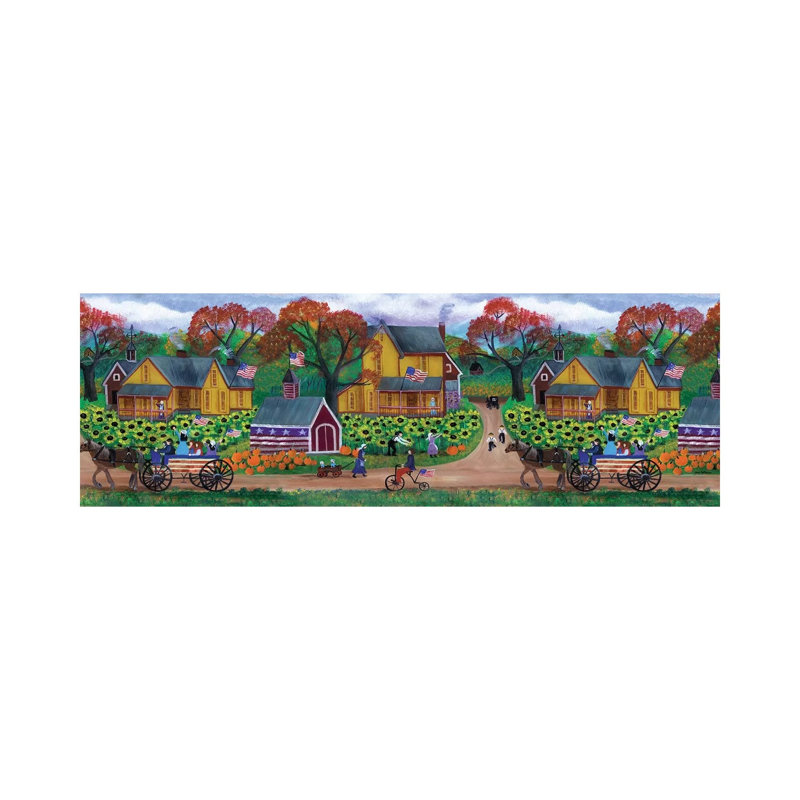 American Primitive Sunflower Pumpkin Farm Border by Cheryl Bartley - Panoramic Painting on Canvas, Wrapped Canvas