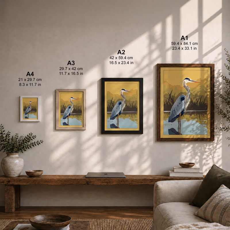 Great Blue Heron at Dawn Coastal - Framed Print, Oak, A4 - 29.7 x 21.0 cm