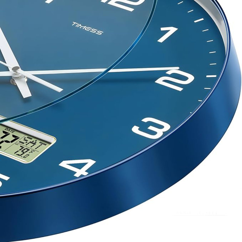 Horloge murale, cadran 12 po, analogique à pile, avec affichage à cristaux liquides pour calendrier perpétuel et température F °, idéal pour une maison moderne, une chambre à coucher, une cuisine, un bureau (bleu)