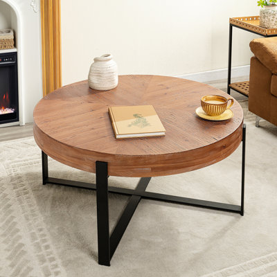 Table basse 33,8 po d'épaisseur rétro moderne avec plateau en bois de sapin et pieds croisés noirs