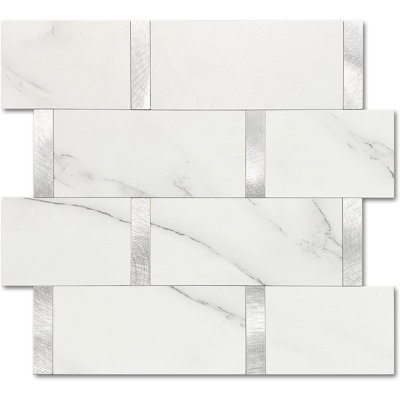 Subway Backsplash Peel and Stick Backsplash Tile White Silver 10pcs