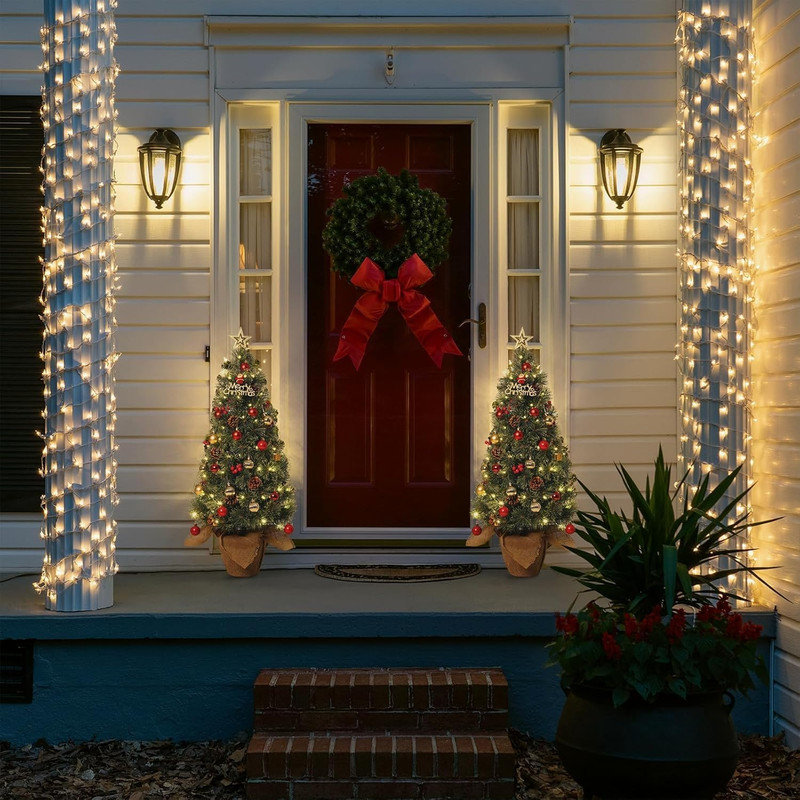 3ft Pre-Lit Small Christmas Tree, Mini Christmas Tree with 78 Led Lights Cloth Bag Base & Pine Cones & Red Berries,Xmas Decorations for Fireplace,Tabletop, Home Decor Indoor