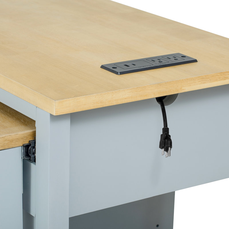 47 Inch Kitchen Island, Extendable Dining Table, Rubber Wood Veneer, Internal Storage, 2 Ac Outlets, 1 , Type - C, Mobile Design Island With Storage Rack, Power Outlet, Drawers, Cabinets, 6+2 Wheels,