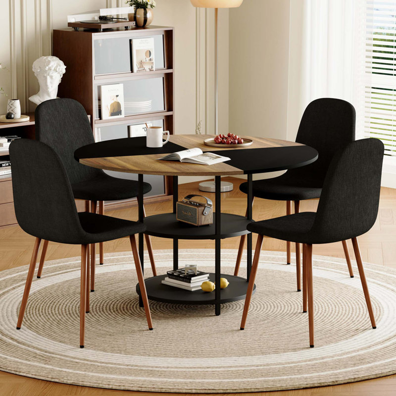 Ensemble de table et de chaises, table de salle à manger moderne épissure circulaire - rangement double couche, jumelée à 4 chaises de salle à manger en coton et lin avec pieds en métal