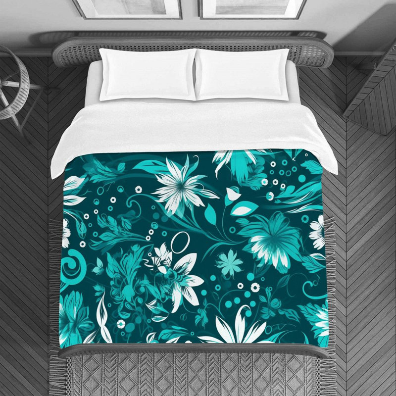 Machine Printed Duvet Cover, Twin Duvet Cover, Turquoise/White