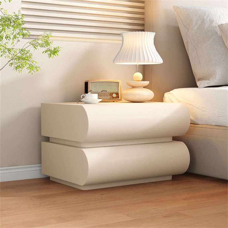 Modern Artistic Cream Nightstand with Stacked Cylindrical Design - Minimalist 2-Tier Storage Cabinet for Bedroom or Living Room