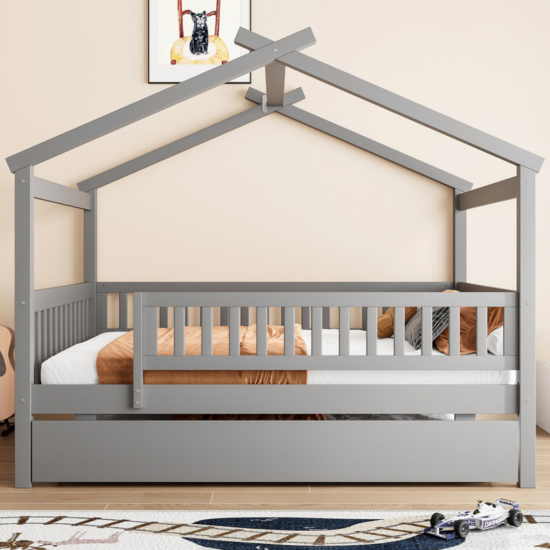 Lit double en bois avec lit gigogne simple, gris, gris, Double