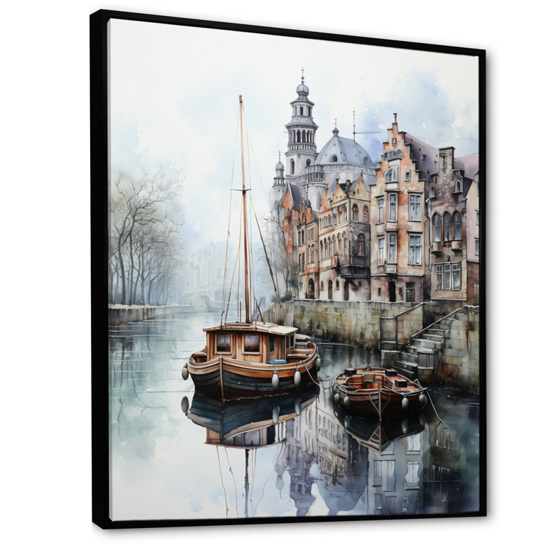 «Beige Canal Reflections» en monochrome sur toile, H 20 po x l 12 po x P 1 po, Cadre flottant noir