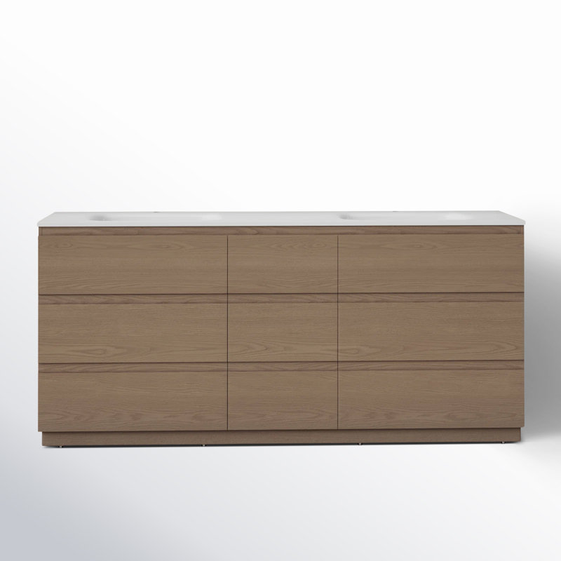 Arla 72'' Natural Wood Veener Plywood Bathroom Vanity with Engineered Solid Surface Top, Golden Oak