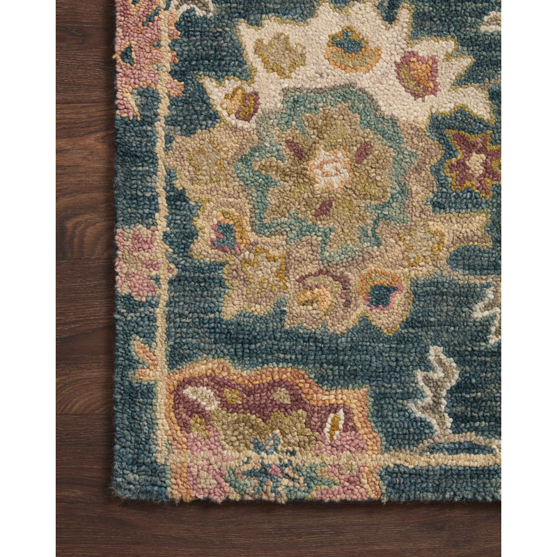 Kraker Oriental Handmade Handooked Wool Area Rug in Blue/Beige, Rectangle 3'6" x 5'6"