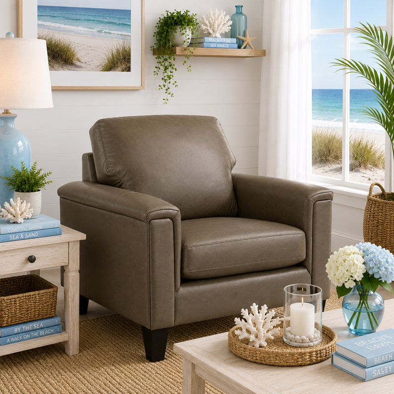 Fauteuil en cuir fleur 37 po Benson, Cuir véritable taupe