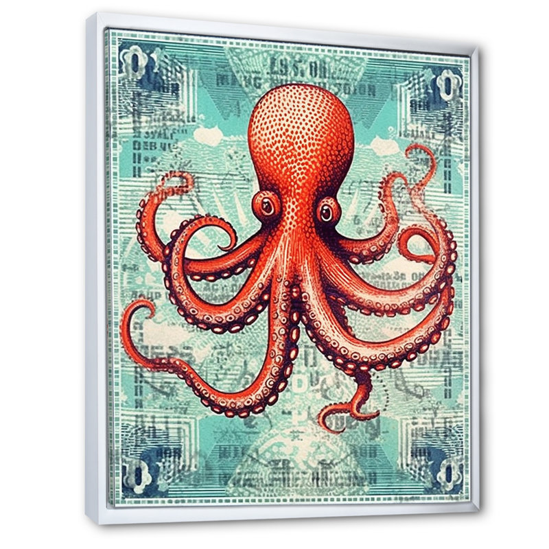 Timbre rétro, portrait d'une pieuvre rouge, Cadre flottant blanc, H 20 po x l 12 po x P 1 po