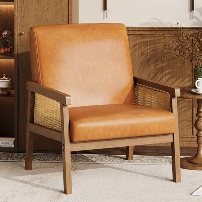 PU Leather Accent Chair, Rattan Armchair with Wooden Armrest and Legs, Upholstered Reading Chair Leisure Chairs for Living Room/Bedroom/Reading Room/Waiting Room, Brown