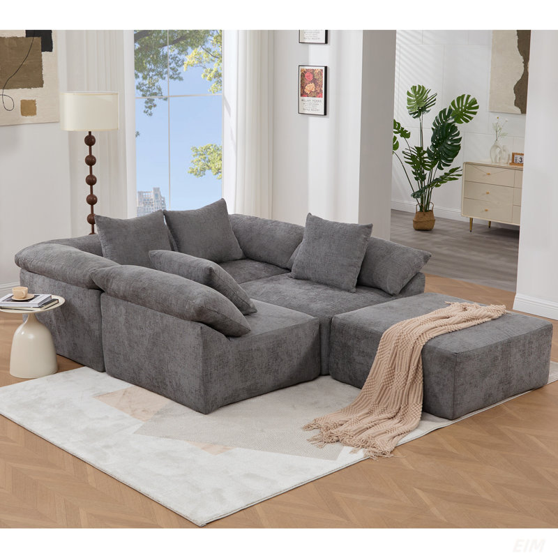 Canapé modulaire en forme de L de 142 po, sans assemblage, canapé 5 pièces, canapé-lit convertible, canapé entièrement compressé, canapé à 5 places et repose-pieds, chenille (modulaire)