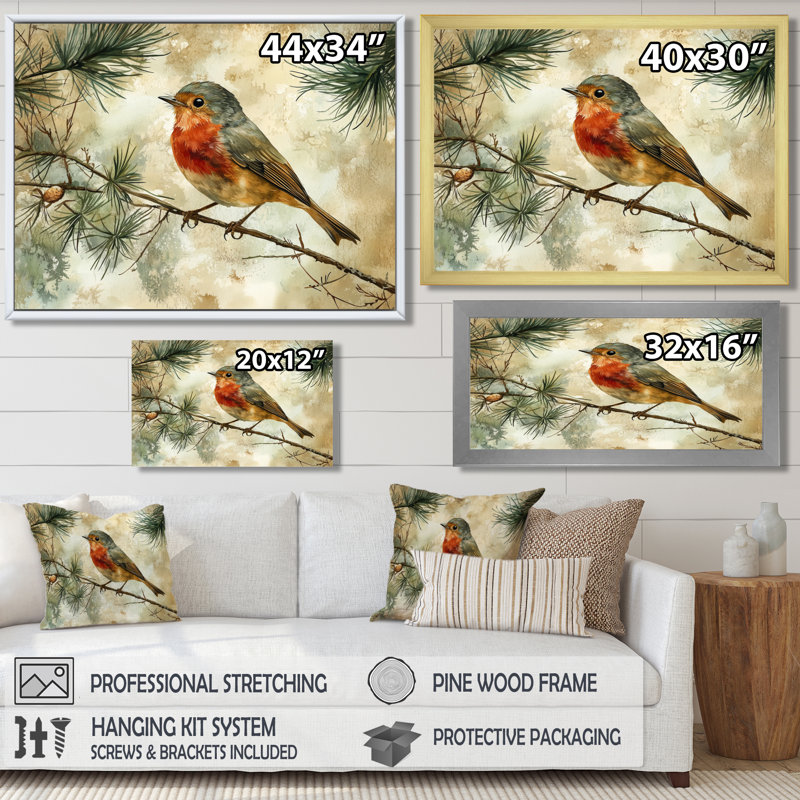 Robin, oiseau dans la canopée I - oiseau, art mural, H 30 po x l 40 po, Cadre flottant, Argent argent
