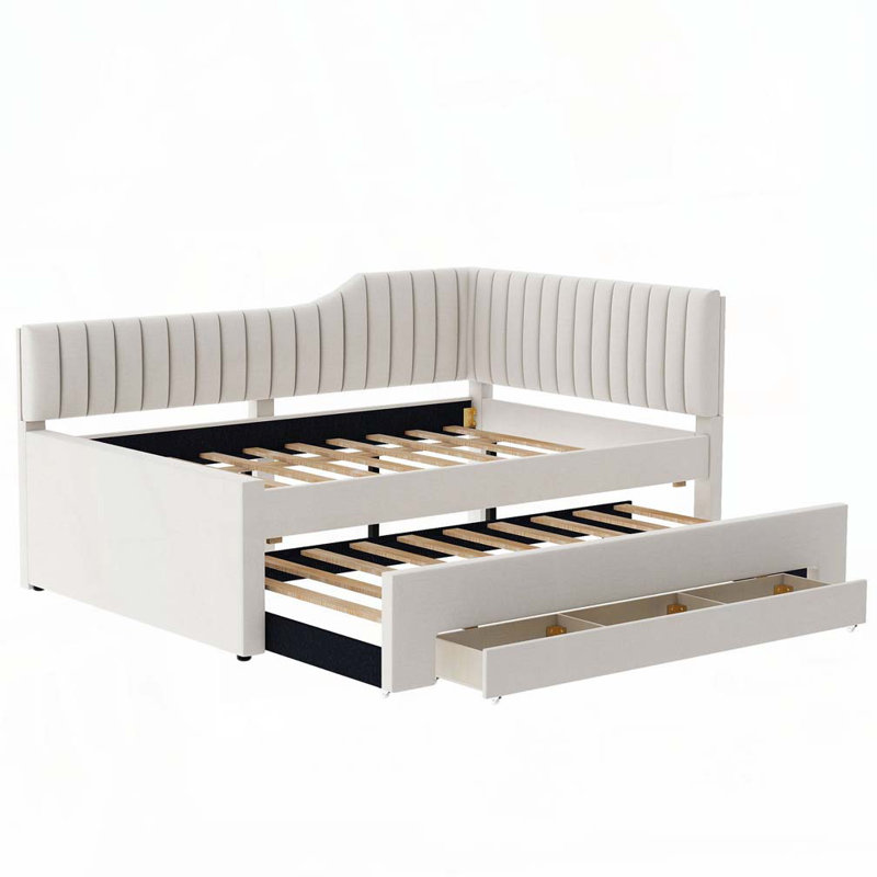 Lit de jour rembourré 3 tiroirs avec couchette, Beige, Complet/Double