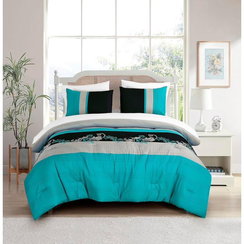 Alana Luxury Floral Embroidered Bed in a Bag Comforter Set, Black/Gray/Teal Blue