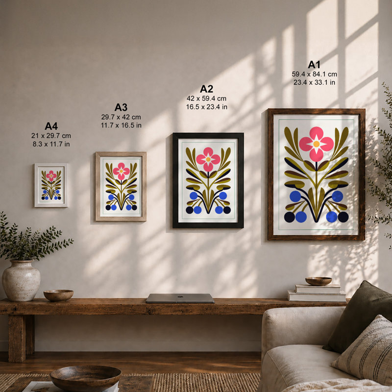 Symmetrical Floral Motif Scandinavian - Framed Print, A4 - 29.7 x 21.0 cm, Black