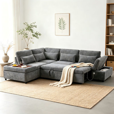 107" L-Shaped Sleeper Sofa Bed, Pull-Out Double Bed with USB/Type-C & Movable Storage Ottoman