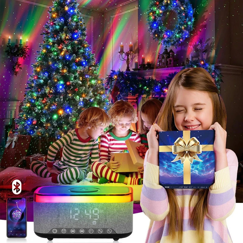 Chargeur sans fil 15 W, station de recharge rapide pour iPhone 18, 17, 16, 15, 14, 13, 12 Pro Max et Plus, avec haut-parleur stéréo Bluetooth, réveil numérique et veilleuse colorée.